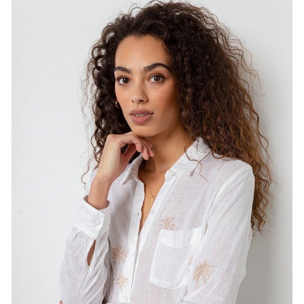 Rails White Semi-Sheer Button-Down with Embroidered Palms